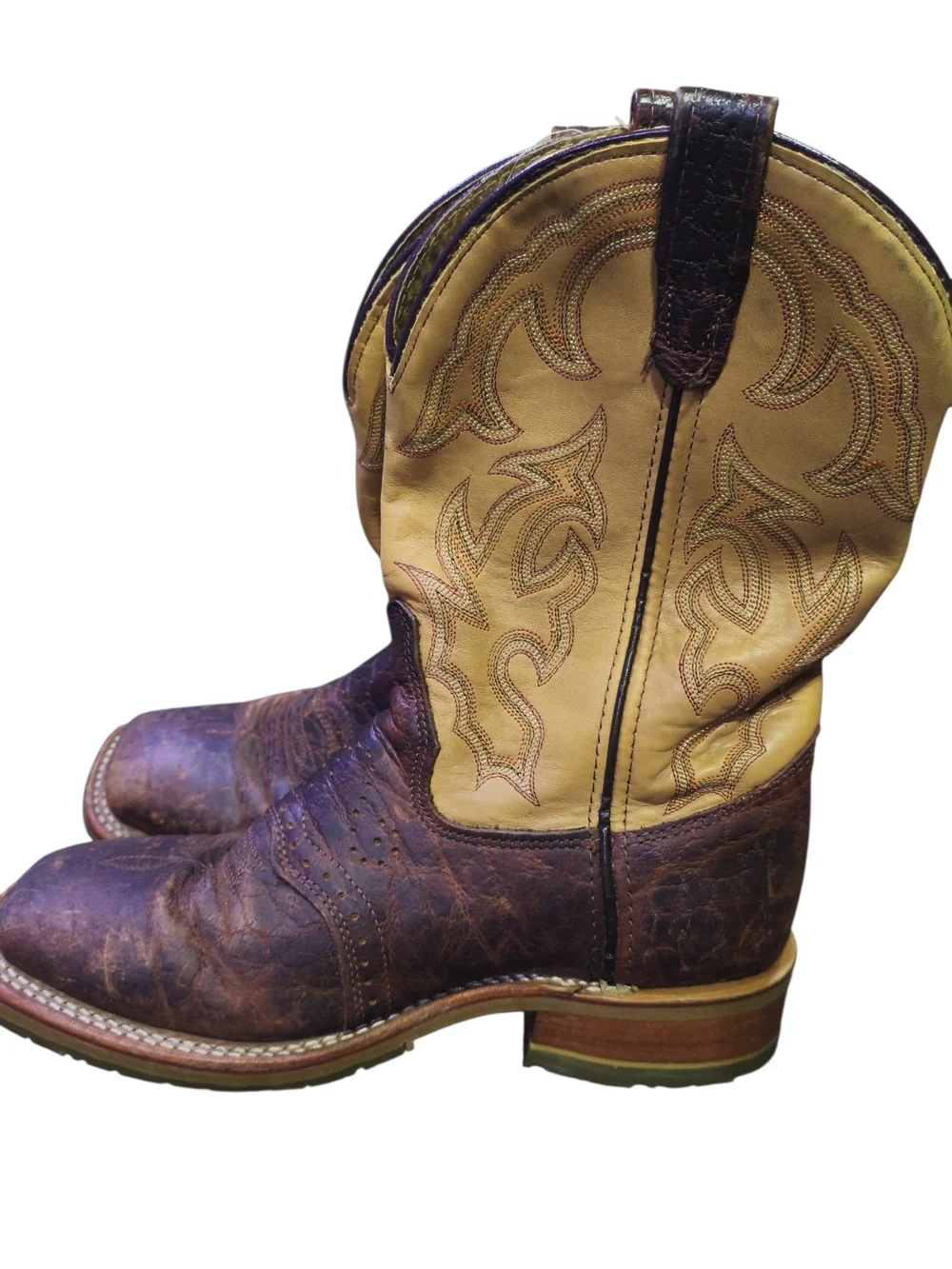 Double H Brown Leather Foot with Yellow Embroidered Shaft Cowboy Boots